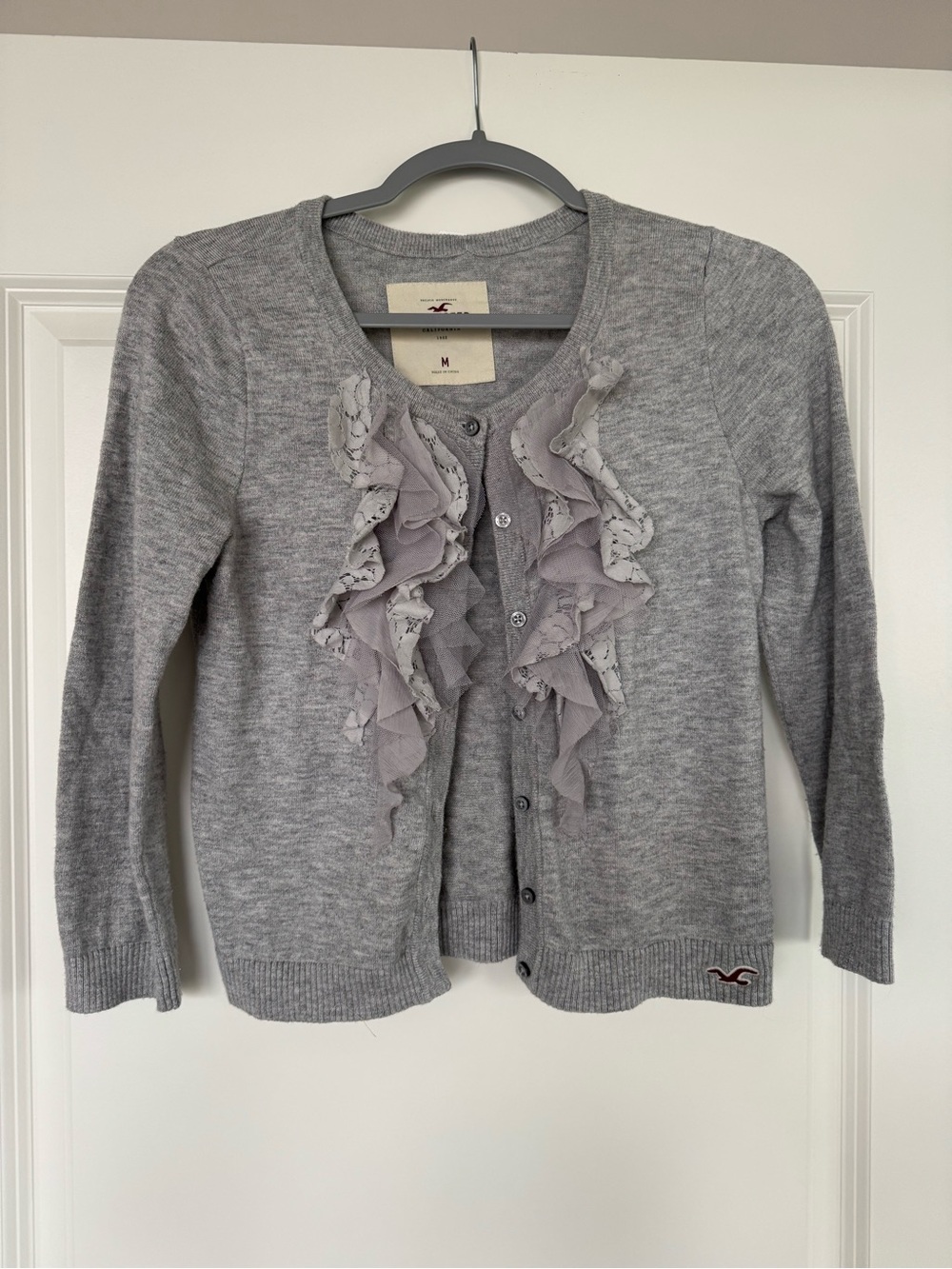 Vintage Hollister Gray Ruffle Front Women's Cardigan Sweater